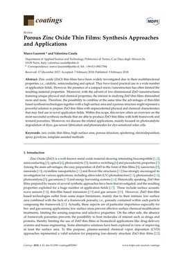 Porous Zinc Oxide Thin Films: Synthesis Approaches and Applications