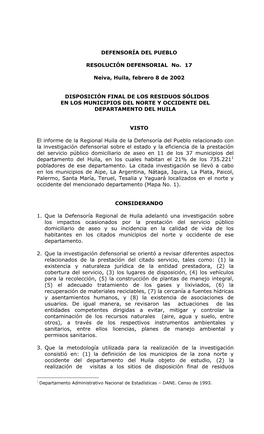 DEFENSORÍA DEL PUEBLO RESOLUCIÓN DEFENSORIAL No. 17 Neiva, Huila, Febrero 8 De 2002 DISPOSICIÓN FINAL DE LOS RESIDUOS SÓLI