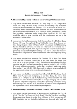 Annex 1 12 July 2021 Details of Compulsory Testing Notice A