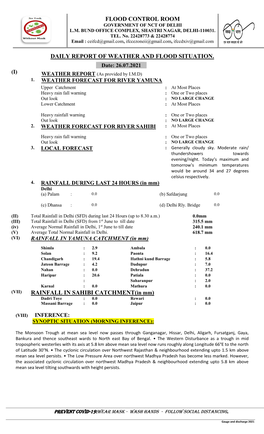 DAILY REPORT of WEATHER and FLOOD SITUATION. RAINFALL in SAHIBI CATCHMENT(In Mm) FLOOD CONTROL ROOM