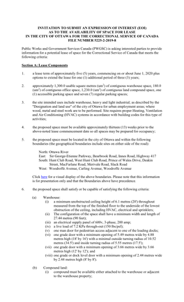 Eoi) As to the Availability of Space for Lease in the City of Ottawa for the Correctional Service of Canada File Number 5225-2-2019-8