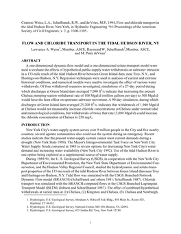 FLOW and CHLORIDE TRANSPORT in the TIDAL HUDSON RIVER, NY Lawrence A