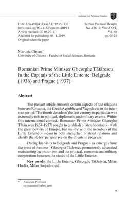 Romanian Prime Minister Gheorghe Tătărescu in the Capitals of the Little Entente: Belgrade (1936) and Prague (1937)