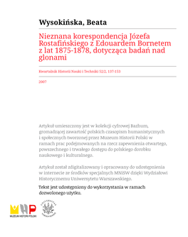 Nieznana Korespondencja Józefa Rostafińskiego Z Edouardem Bornetem Z Lat 1875-1878, Dotycząca Badań Nad Glonami