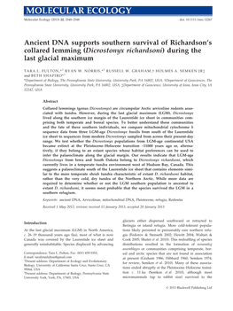 Ancient DNA Supports Southern Survival of Richardsons Collared Lemming (Dicrostonyx Richardsoni) During the Last Glacial Maximum
