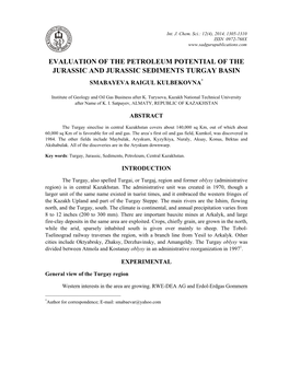 Evaluation of the Petroleum Potential of the Jurassic and Jurassic Sediments Turgay Basin Smabayeva Raigul Kulbekovna*