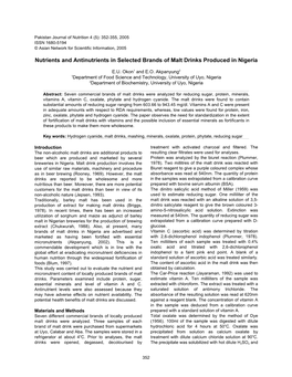 Nutrients and Antinutrients in Selected Brands of Malt Drinks Produced in Nigeria