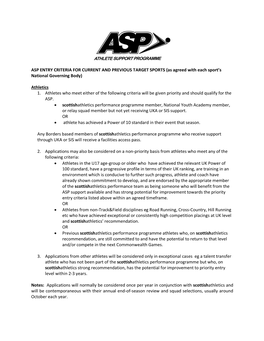 ENTRY CRITERIA for CURRENT and PREVIOUS TARGET SPORTS (As Agreed with Each Sport’S National Governing Body)