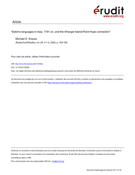 Eskimo Languages in Asia, 1791 On, and the Wrangel Island-Point Hope Connection