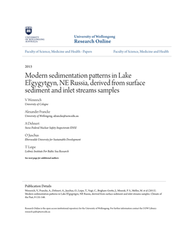 Modern Sedimentation Patterns in Lake El'gygytgyn, NE Russia, Derived from Surface Sediment and Inlet Streams Samples V Wennrich University of Cologne