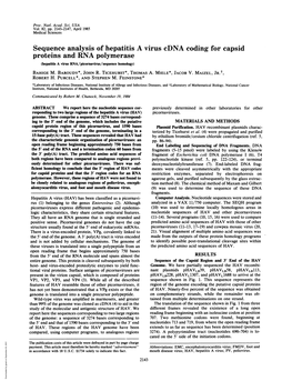 Sequence Analysis of Hepatitis a Virus Cdna Coding for Capsid Proteins and RNA Polymerase (Hepatitis a Virus RNA/Picornavirus/Sequence Homology) BAHIGE M