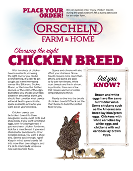 Chicken Breeds PLACE YOUR During the Peak Season! Ask a Sales Associate ORDER! for an Order Form