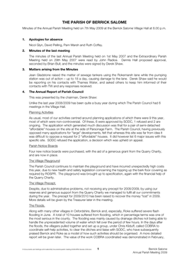 THE PARISH of BERRICK SALOME Minutes of the Annual Parish Meeting Held on 7Th May 2009 at the Berrick Salome Village Hall at 8.00 P.M