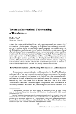 Toward an International Understanding of Homelessness ∗ Paul A