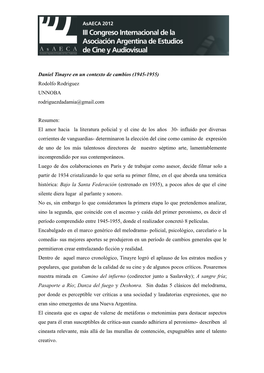 Daniel Tinayre En Un Contexto De Cambios (1945-1955) Rodolfo Rodriguez UNNOBA Rodriguezdadamia@Gmail.Com Resumen: El Amor Hacia