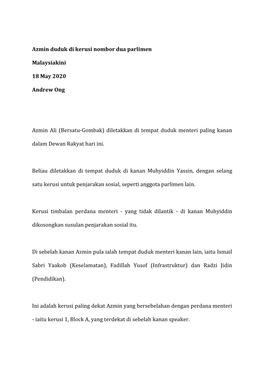 Azmin Duduk Di Kerusi Nombor Dua Parlimen Malaysiakini 18 May 2020 Andrew Ong Azmin Ali (Bersatu-Gombak) Diletakkan Di Tempat Du