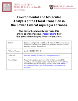 Environmental and Molecular Analysis of the Floral Transition in the Lower Eudicot Aquilegia Formosa