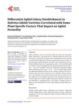 Differential Aphid Colony Establishment in Dolichos Lablab Varieties Correlated with Some Plant Specific Factors That Impact on Aphid Fecundity