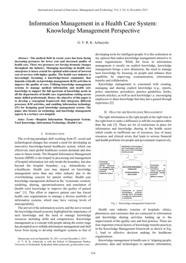 Information Management in a Health Care System: Knowledge Management Perspective