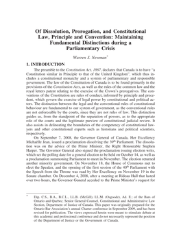 Of Dissolution, Prorogation, and Constitutional Law, Principle and Convention: Maintaining Fundamental Distinctions During a Parliamentary Crisis