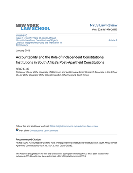 Accountability and the Role of Independent Constitutional Institutions in South Africa’S Post-Apartheid Constitutions