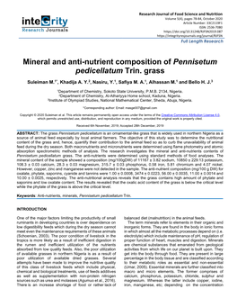 Mineral and Anti-Nutrient Composition of Pennisetum Pedicellatum Trin. Grass