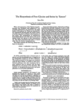 The Biosynthesis of Free Glycine and Serine by Tumors*