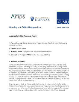 Housing – a Critical Perspective. 08-09 April 2015