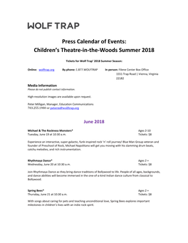 Press Calendar of Events: Children's Theatre-In-The-Woods Summer 2018