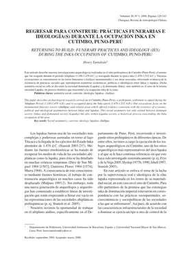 Durante La Ocupación Inka En Cutimbo, Puno-Perú Returning to Build: Funerary Practices and Ideology (Ies) During the Inka Occupation of Cutimbo, Puno-Peru