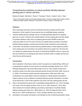 Comprehensive Prediction of Robust Synthetic Lethality Between Paralog Pairs in Cancer Cell Lines