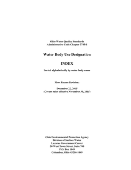 Water Body Use Designation INDEX