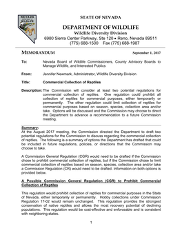 DEPARTMENT of WILDLIFE Wildlife Diversity Division 6980 Sierra Center Parkway, Ste 120 • Reno, Nevada 89511 (775) 688-1500 Fax (775) 688-1987