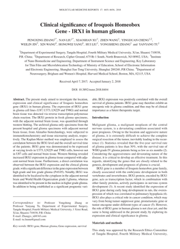 Clinical Significance of Iroquois Homeobox Gene - IRX1 in Human Glioma