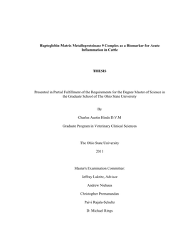 Haptoglobin-Matrix Metalloproteinase 9 Complex As a Biomarker for Acute Inflammation in Cattle