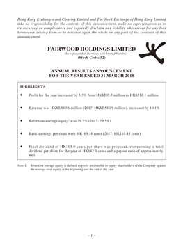 FAIRWOOD HOLDINGS LIMITED (Incorporated in Bermuda with Limited Liability) (Stock Code: 52)