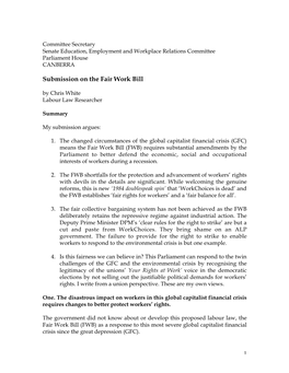 Submission on the Fair Work Bill by Chris White Labour Law Researcher