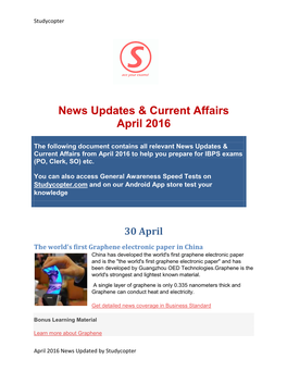 News Updates & Current Affairs April 2016