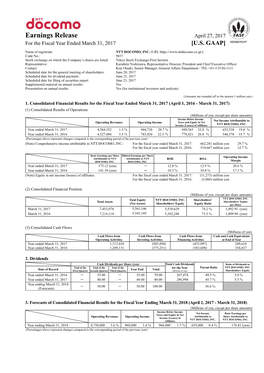 Earnings Release April 27, 2017 for the Fiscal Year Ended March 31, 2017 [U.S