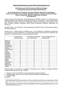 Amtliche Bekanntmachung Des Amtes Schwarzenbek-Land