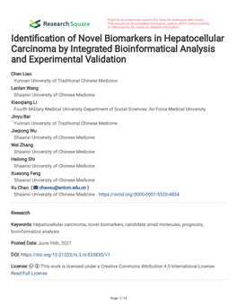 Identification of Novel Biomarkers in Hepatocellular Carcinoma By