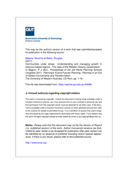 Communities Under Stress: Understanding and Managing Growth in Resource-Based Regions - the Case of the Western Downs, Queensland