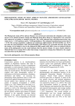 Phylogenetic Study of West African Manatee (Trichechus Senegalensis Link (1708) Along River Benue, Nigeria