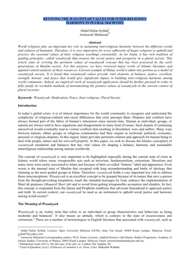 REVIVING the WASATIYYAH VALUES for INTER-RELIGIOUS HARMONY in PLURAL SOCIETIES Abdul Halim Syihab* Asmawati Muhamad** Abstract