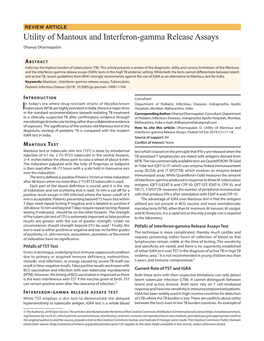 Utility of Mantoux and Interferon-Gamma Release Assays Dhanya Dharmapalan