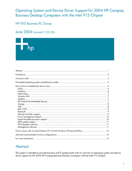 Operating System and Device Driver Support for 2004 HP Compaq Business Desktop Computers with the Intel 915 Chipset