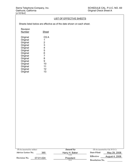 Sierra Telephone Company, Inc. SCHEDULE CAL