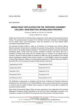 Mining Right Application for the Proposed Consbrey Colliery, Near Breyten, Mpumalanga Province