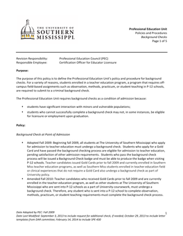 1 Professional Education Unit Policies and Procedures Background Checks Page 1 of 5 Revision Responsibility