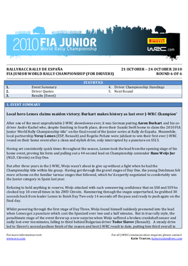 24 October 2010 Fia Junior World Rally Championship (For Drivers) Round 6 of 6